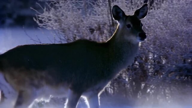 Deer in winter thicket standing among snow-covered branches in cold blue twilight, mysterious natural scenery. Concept of wildlife and serene forest atmosphere