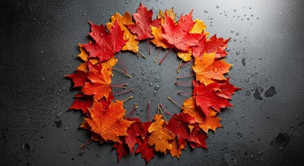 Autumn Leaf Wreath Decoration Arrangement With Water Droplets