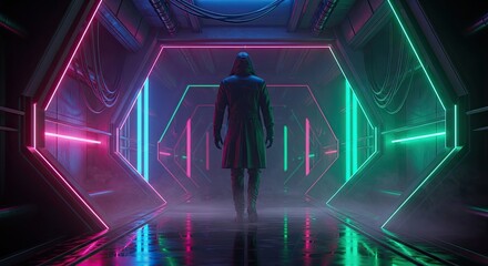 Futuristic neon tunnel with a lone figure walking into the unknown