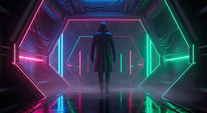 Futuristic neon tunnel with a lone figure walking into the unknown