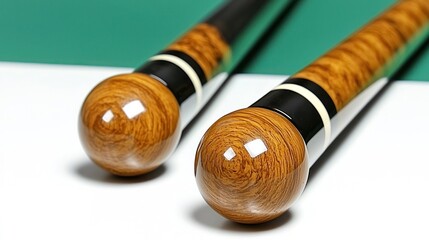 Two glossy wooden ball-ends of billiard cues against white/green surface