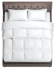 Obraz premium A bed with a tufted headboard dressed in white linen, seen from an overhead perspective
