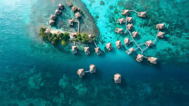 Aerial view of a serene secluded beachfront with turquoise waters and thatchedroofed huts. The huts are surrounded by clear blue waters, with a sandy shoreline visible in the background.