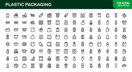 Plastic Packaging Outline Icon Set. Sleek, professional icons for storage containers, shipping boxes, and product packaging management.
