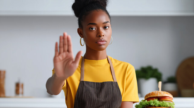 Stop fast food. Woman refusing junk burger. Healthy nutrition choice. Fresh organic food alternative. Clean eating lifestyle. Balanced diet concept. Reject unhealthy food products.