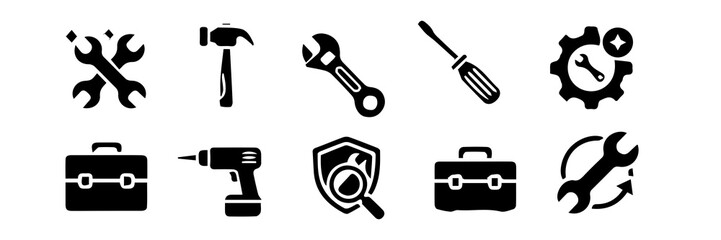 Repair and Maintenance Tools Vector Icon Set | Service, Fix, and Industrial Equipment Symbols