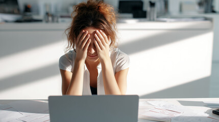 Exhausted stressed woman covering face with hands at office desk. Burnout, fatigue and overwhelming work pressure. Female employee experiencing mental health struggles, anxiety and depression.