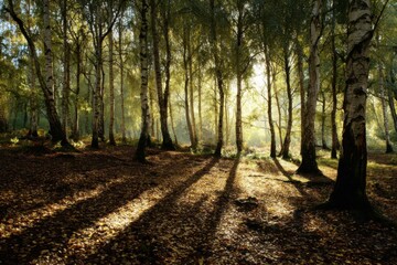 Obraz premium Sunlit Forest Canopy - Shadows and Light in the Woods.