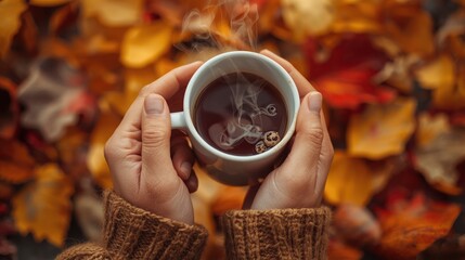 Hands holding a steaming cup of tea with autumn leaves in the background creating a cozy scene