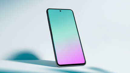 Modern smartphone mockup with gradient turquoise and pink screen floating on pastel background. Minimalist product display, mobile device template, clean design for app presentation, digital content.