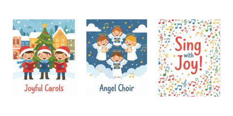 Singing angels and children caroling in festive scenes