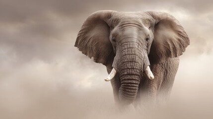 Naklejka premium Elephant With Raised Trunk Stands Proud Amidst Mist in a Serene Wildlife Setting