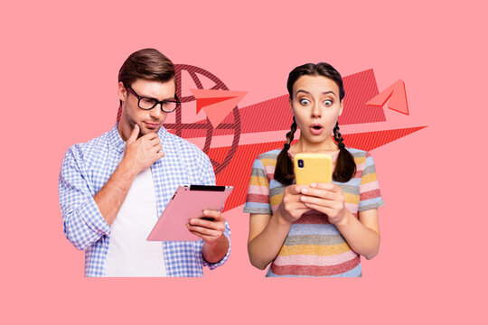 Banner full 3d artwork collage of happy girl guy hold phone globe networking paper plane communication 5g connection net