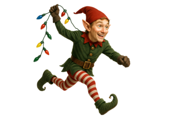 Happy Christmas elf jumping with lights. Festive mood.