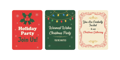 Festive holiday invitation cards with Christmas party themes