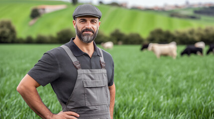 Regenerative farmer portrait with cattle grazing on pasture. Sustainable agriculture professional managing livestock and grassland for soil health, biodiversity and ecological farming practices.