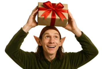 Elf with gift box over head. Merry and bright concept.