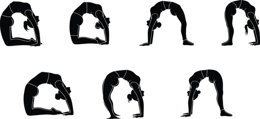 Yoga backbend sequence illustration, wheel pose silhouette, fitness flexibility training, meditation posture art, wellness lifestyle, stretching exercise, balance discipline