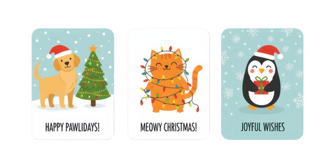 Festive holiday cards with cartoon animals and Christmas greetings