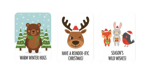 Festive animal holiday cards with cute bear, winking reindeer, and cartoon characters