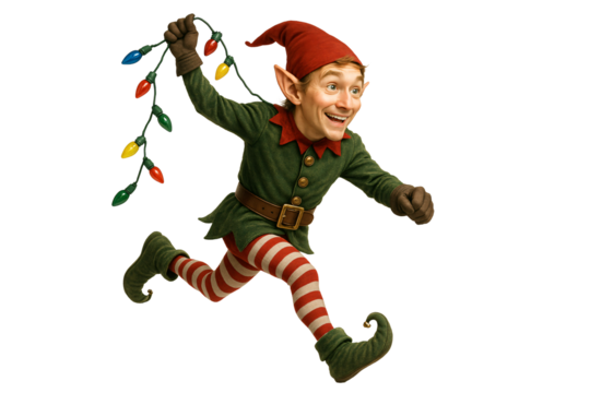 Happy Christmas elf jumping with lights. Festive mood. - Powered by Adobe