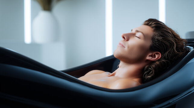 Woman relaxing in ice bath pod with eyes closed, head tilted back during cold water therapy session. Modern wellness spa treatment for recovery and mental health in minimalist interior.