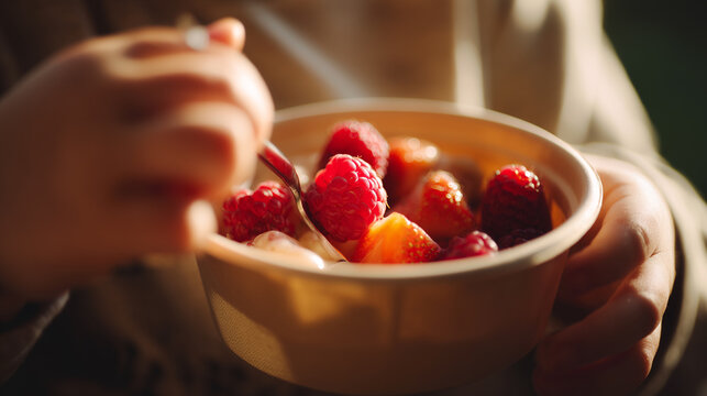 Person eating fresh berries from bowl with spoon. Healthy organic fruit breakfast featuring raspberries and strawberries, perfect for natural nutrition, baby food and wholesome diet concept.