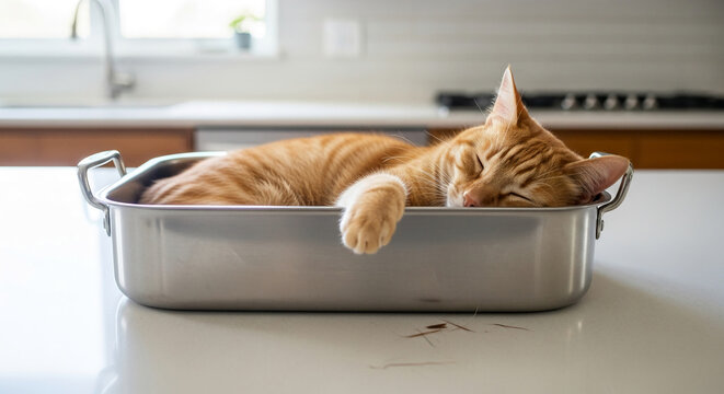 Orange tabby cat sleeps in a silver pan, showing comfort, relaxation and carefree attitude, suitable for lifestyle or domestic theme