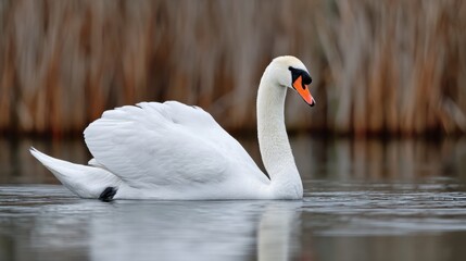 Obraz premium Graceful White Swan Swimming in Calm Waters with Soft Reflections