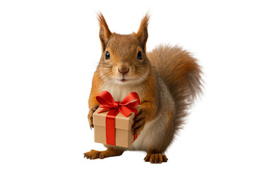 Obraz premium Little squirrel with red bow and present. Winter charm.