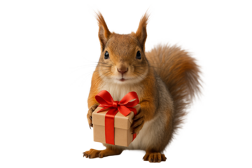 Little squirrel with red bow and present. Winter charm.