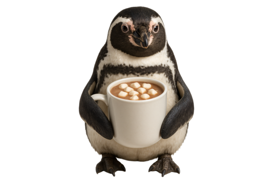 Penguin holding cup of cocoa. Cozy winter mood.