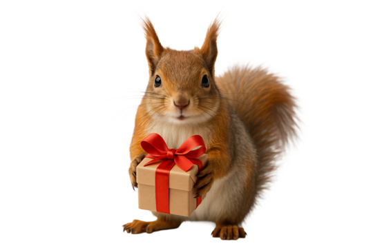 Little squirrel with red bow and present. Winter charm.