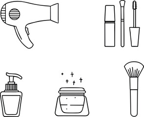Beauty tool icons, hair dryer, pump bottle, glitter jar, makeup brush, lipstick set, personal care vector, grooming illustration