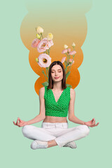 3d poster image vertical pop art collage of happy girl guy sit yoga pose spring leaves flower bloom ethereal florist holiday
