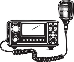 Two-way radio transceiver with handheld microphone, buttons, knobs, and coiled cord in black and white style