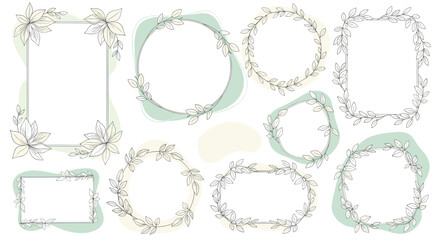 Botanical frames collection with elegant floral outlines. Minimalist shapes with leaves and soft pastel backgrounds for invitations and cards