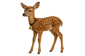 Young deer standing isolated. Cute fawn in winter scene.