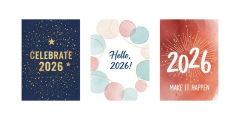 New Year 2026 celebration cards with festive designs