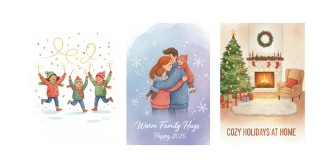 Fototapeta premium Holiday cards with joyful snow play, warm family hugs, and cozy home decor