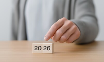 Obraz premium Close-up of a hand pointing at two wooden blocks displaying '2026' on a wooden desk. Concept for new year planning and goal setting.