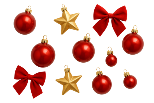 Red and gold baubles on white. Merry Christmas design.