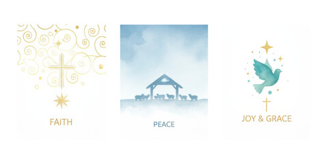 Set of holiday-themed cards with faith, peace, and joy motifs