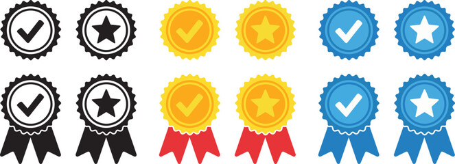 Collection of award badges and ribbons featuring checkmarks and stars in black white gold and blue for recognition and achievement concepts