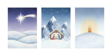 Winter and Christmas-themed illustrated panels
