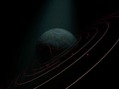 A dark, enigmatic planet encircled by brilliant, glowing red rings and orbiting debris.