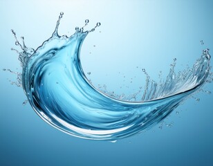 dynamic splash of water forming an elegant arc against light blue gradient background showcasing fluidity and motion with suspended droplets minimalist beauty generative ai