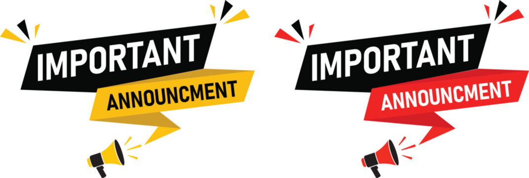 Two distinct graphic banners featuring the word important in bold black lettering above the word announcement in a contrasting color yellow and red with small megaphone icons and confetti elements sug