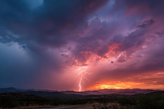 Dramatic Lightning Strike at Sunset Over Distant Mountains. - Powered by Adobe