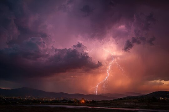 Spectacular Lightning Bolt Illuminates a Dramatic Purple Stormy Sky.
